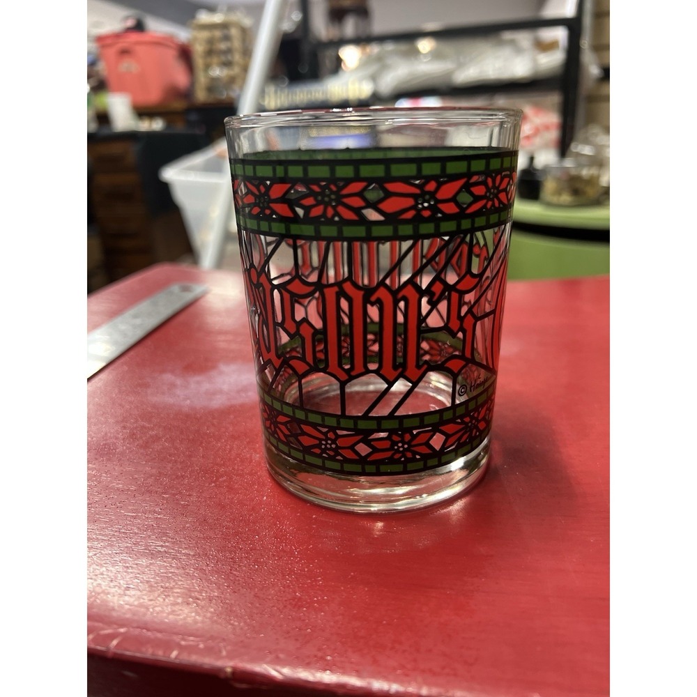 Houze 'Seasons Greetings' Glass Drink Tumbler Red & Green Gold Rim Vintage
